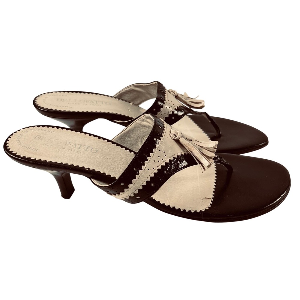 Vintage Bellofatto Italy Leather Spectator Mule Sandals Tassel Brown Ivory 7 B